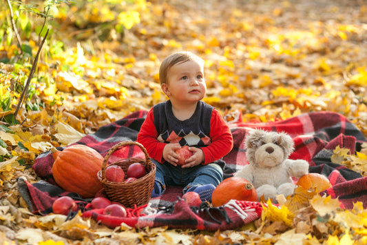 Baby sitting on a picnic blanket with pumpkins, apples, and a teddy bear
