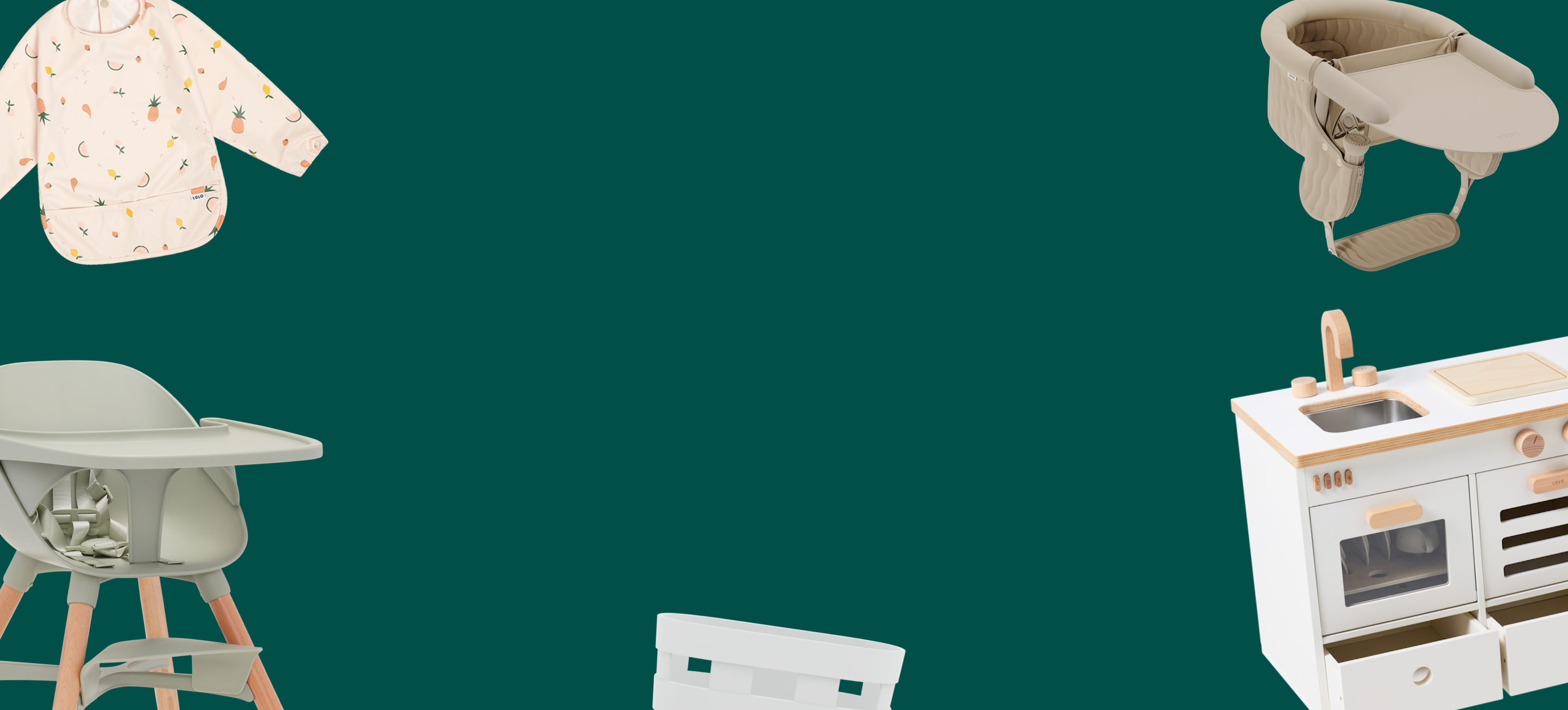 Collage of baby products including a high chair, baby seat, and toy kitchen on a green background