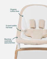 lalo2.0_oatmeal, organic cotton liner, 5 point safety harness, machine washable seat and liner